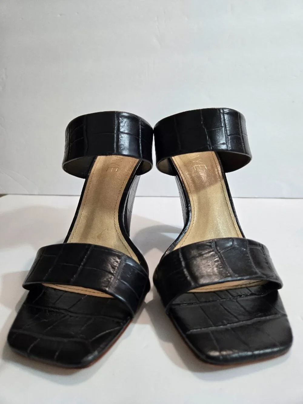 RAYE Black Gaze Croc-Embossed Double Strap Square Toe Slide Heels Size 8